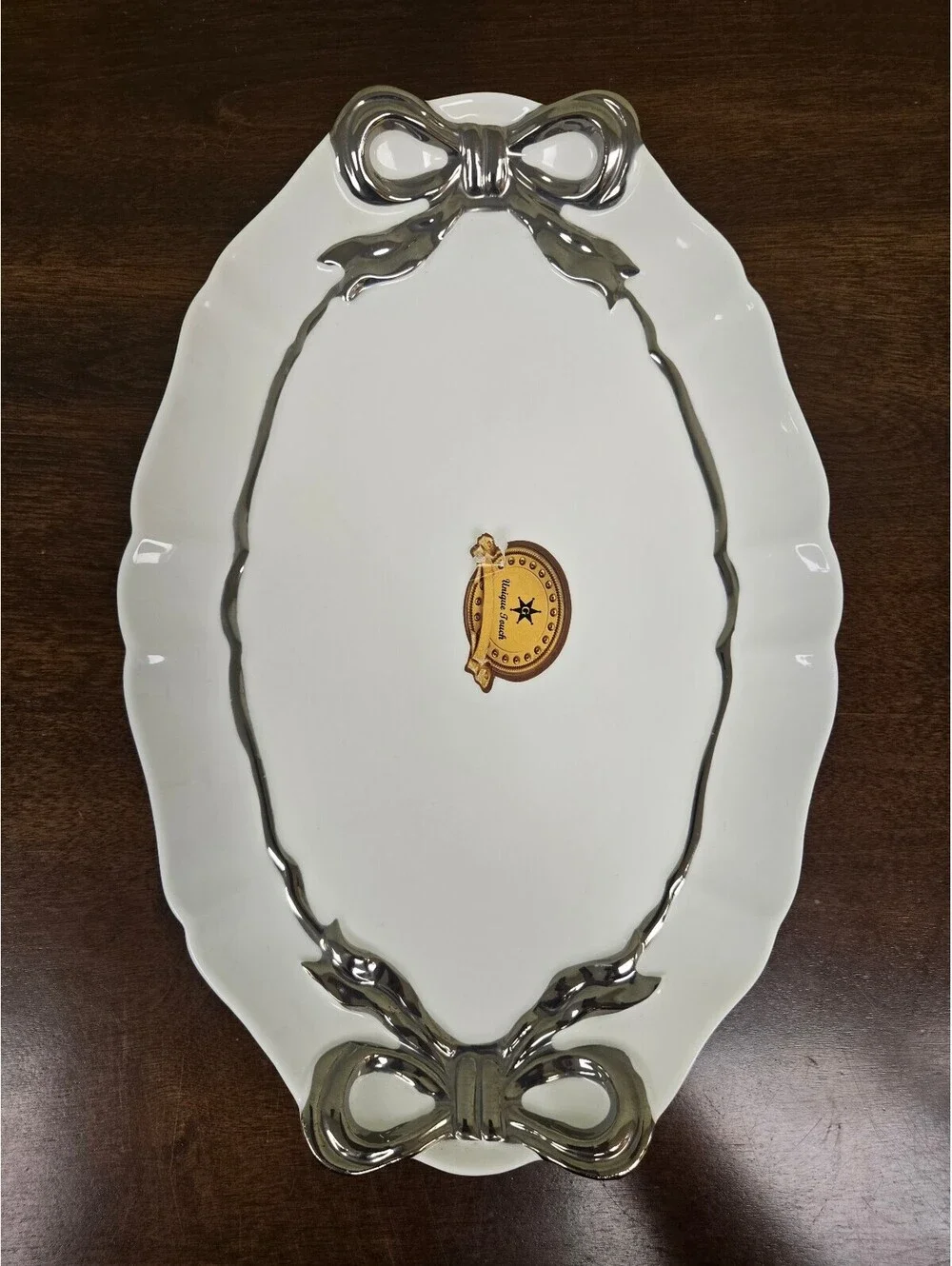 Unique Touch Golden Star White Silver Bow Porcelain Plate & Serving Platter Set